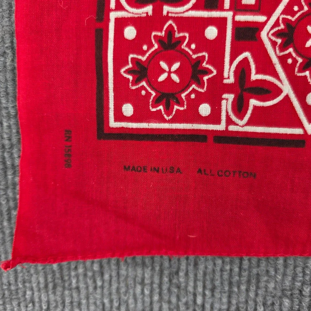 Vintage Red Cotton Bandana Made in USA Geometric Floral RN 15898 Western Scarf